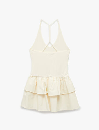 Sırt Dekolteli V Halter Yaka Fırfırlı Mini Elbise