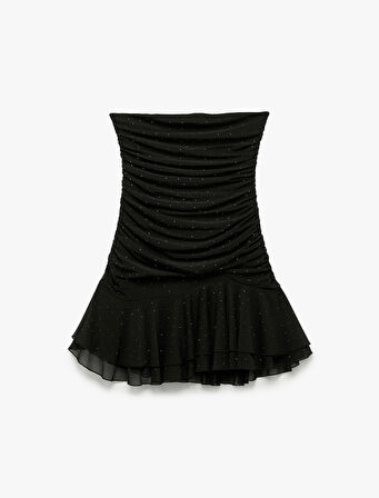 Slim Fit Tül Etek Ucu Detaylı Taşlı Straplez Mini Elbise