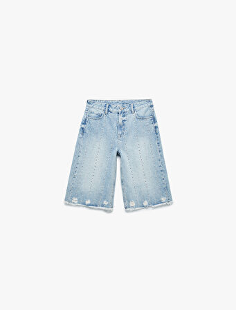 Troklu Yıpratılmış Düğmeli Cepli Bermuda Denim Şort