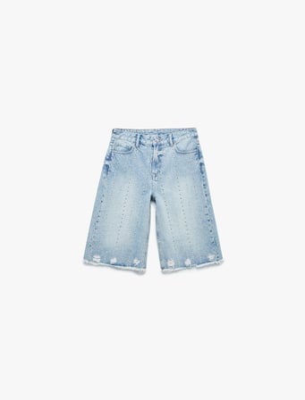 Troklu Yıpratılmış Düğmeli Cepli Bermuda Denim Şort