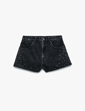 Düğmeli Cep Detaylı Taşlı Mini Denim Şort