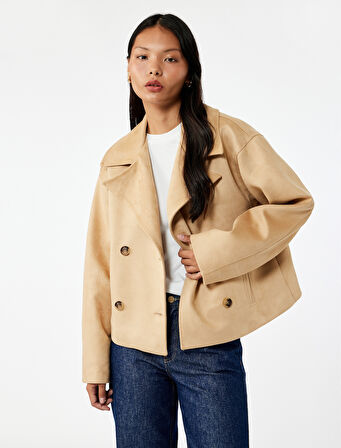 Kruvaze Yaka Düğmeli Cep Detaylı Uzun Kollu Suni Süet Ceket