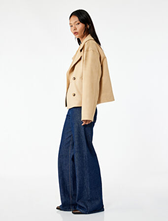 Kruvaze Yaka Düğmeli Cep Detaylı Uzun Kollu Suni Süet Ceket