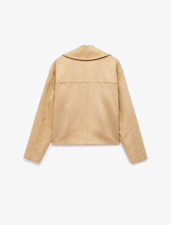 Kruvaze Yaka Düğmeli Cep Detaylı Uzun Kollu Suni Süet Ceket