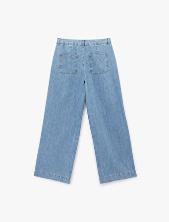 Pamuklu Kemer Detaylı Cepli Düğmeli Geniş Paça Jean Pantolon -  Wide Leg Jeans