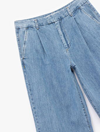 Pamuklu Kemer Detaylı Cepli Düğmeli Geniş Paça Jean Pantolon -  Wide Leg Jeans