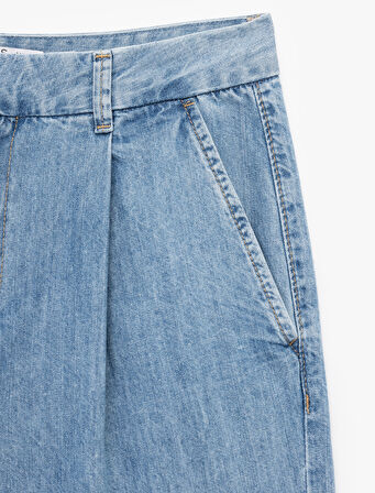 Pamuklu Kemer Detaylı Cepli Düğmeli Geniş Paça Jean Pantolon -  Wide Leg Jeans