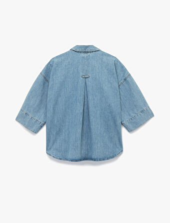 Oversize V Yaka Pamuklu Yarım Kollu Jean Gömlek