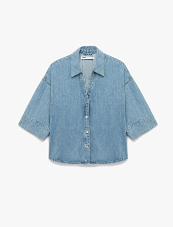 Oversize V Yaka Pamuklu Yarım Kollu Jean Gömlek