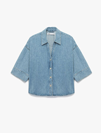 Oversize V Yaka Pamuklu Yarım Kollu Jean Gömlek
