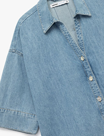 Oversize V Yaka Pamuklu Yarım Kollu Jean Gömlek