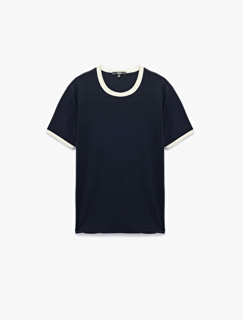Kısa Kollu Bisiklet Yaka Tok Kumaş Renk Kontrastlı Pamuklu Slim Fit Tişört