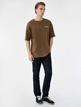 Kısa Kollu Oversize Tok Kumaş Bisiklet Yaka Pamuklu Arkası Baskılı Tişört