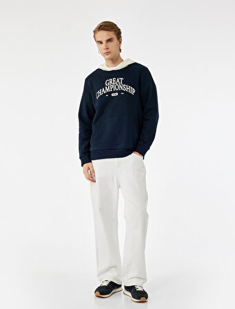 Kanguru Cepli Uzun Kollu Baskılı Şardonlu Renk Kontrastlı Kapşonlu Sweatshirt