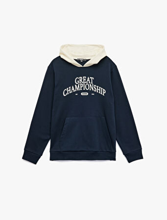 Kanguru Cepli Uzun Kollu Baskılı Şardonlu Renk Kontrastlı Kapşonlu Sweatshirt