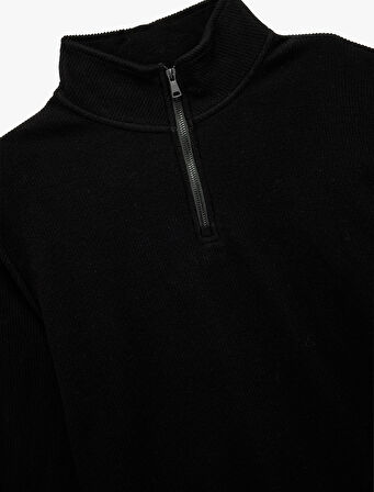 Uzun Kollu Ribanalı Yarım Fermuarlı Sweatshirt