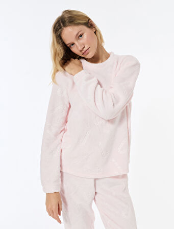 Yılbaşı Temalı Uzun Kollu Bisiklet Yaka Peluş Pijama Üstü