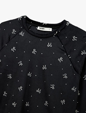 Uzun Kollu Bisiklet Yaka Fiyonk Desenli Kadife Pijama Üstü