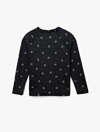 Uzun Kollu Bisiklet Yaka Fiyonk Desenli Kadife Pijama Üstü