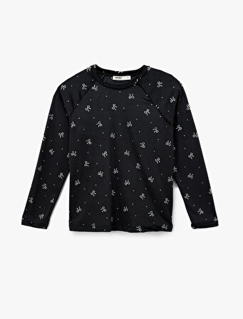 Uzun Kollu Bisiklet Yaka Fiyonk Desenli Kadife Pijama Üstü