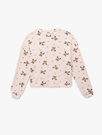 Uzun Kollu Bisiklet Yaka Ayıcık Baskılı Pijama Üstü