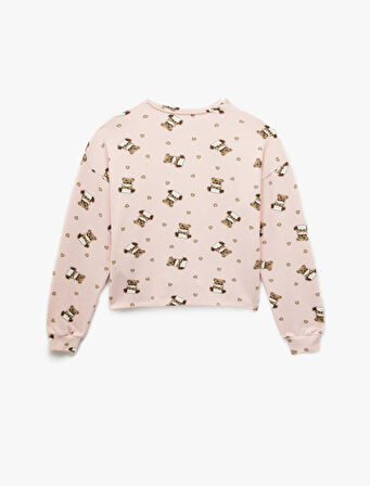 Uzun Kollu Bisiklet Yaka Ayıcık Baskılı Pijama Üstü