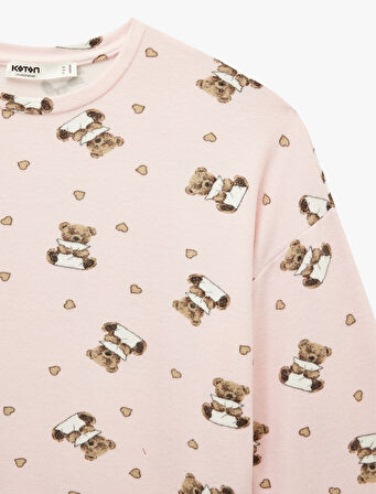 Uzun Kollu Bisiklet Yaka Ayıcık Baskılı Pijama Üstü