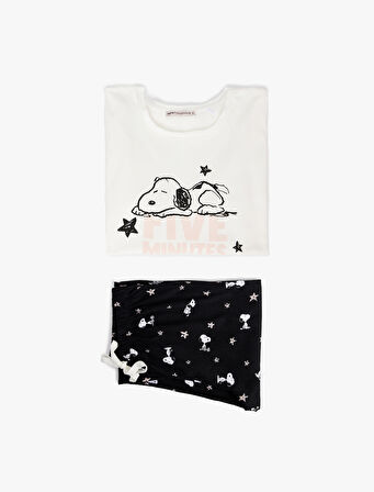 Snoopy Baskılı Lisanslı Uzun Kollu Bisiklet Yaka Pamuklu Pijama Takımı