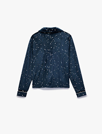 Rahat Kalıp Uzun Kollu Gömlek Yaka Yıldızlı Kadife Pijama Üstü