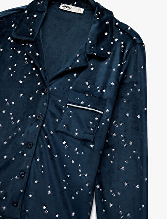 Rahat Kalıp Uzun Kollu Gömlek Yaka Yıldızlı Kadife Pijama Üstü
