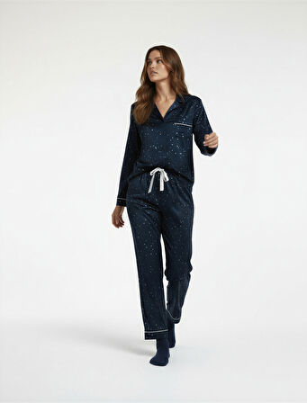 Yıldız Desenli Beli Bağcıklı Bol Paça Kadife Pijama Altı