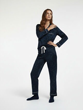 Yıldız Desenli Beli Bağcıklı Bol Paça Kadife Pijama Altı