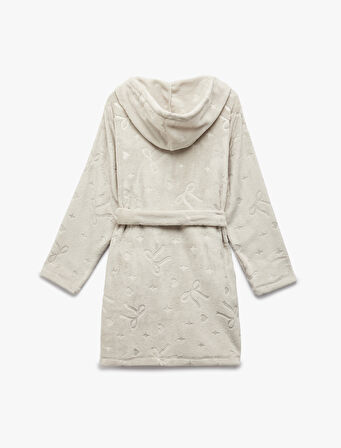 Uzun Kollu Fiyonk Detaylı Kapüşonlu Kemerli Peluş Sabahlık