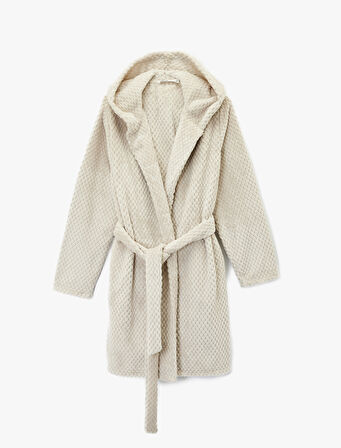 Uzun Kollu Kapüşonlu Kemerli Peluş Sabahlık