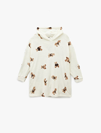 Kapüşonlu Uzun Kollu Ayıcık Baskılı Oversize Sabahlık