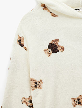 Kapüşonlu Uzun Kollu Ayıcık Baskılı Oversize Sabahlık