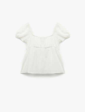 Kısa Kollu Balon Kollu Önden Bağlamalı Fiyonklu Bluz