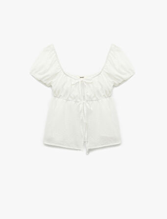 Kısa Kollu Balon Kollu Önden Bağlamalı Fiyonklu Bluz