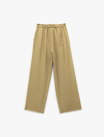 Beli Bağcıklı Cepli Keten Karışımlı Bol Paça Pantolon