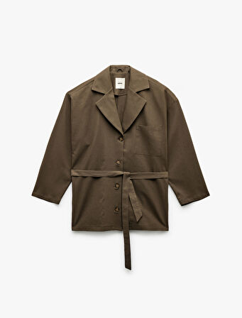 Uzun Kollu Düğmeli Kemerli Cep Detaylı Keten Oversize Ceket