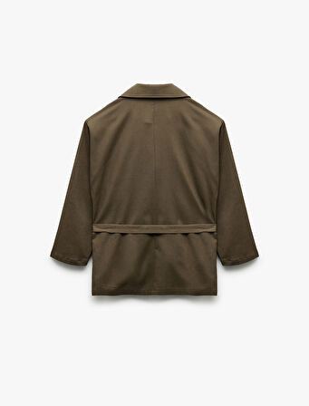 Uzun Kollu Düğmeli Kemerli Cep Detaylı Keten Oversize Ceket