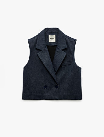 Kruvaze Yaka Kolsuz Crop Blazer Yelek