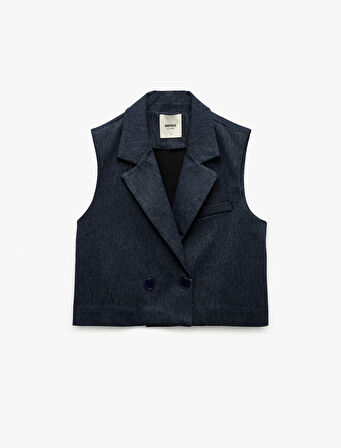 Kruvaze Yaka Kolsuz Crop Blazer Yelek