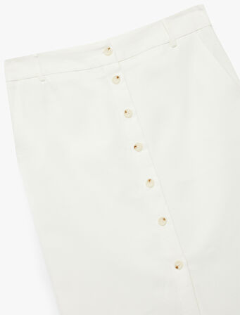 Standart Bel Cepli Yırtmaç Detaylı Midi Düğmeli Kalem Etek