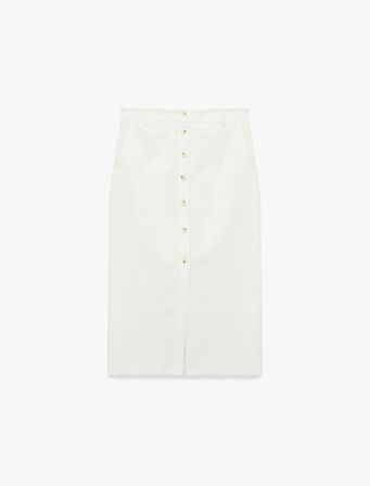 Standart Bel Cepli Yırtmaç Detaylı Midi Düğmeli Kalem Etek