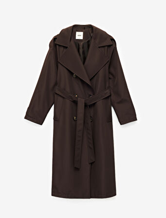 Uzun Kollu Kemerli Cepli Kruvaze Gabardin Trençkot