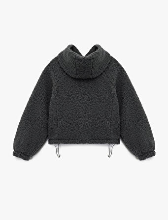 Oversize Kapüşonlu Nakışlı Fermuarlı Peluş Ceket