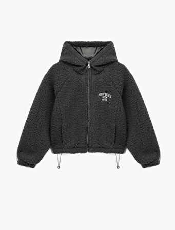 Oversize Kapüşonlu Nakışlı Fermuarlı Peluş Ceket