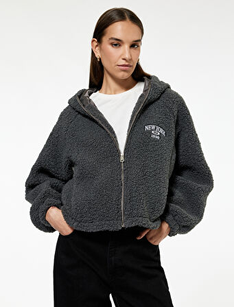 Oversize Kapüşonlu Nakışlı Fermuarlı Peluş Ceket