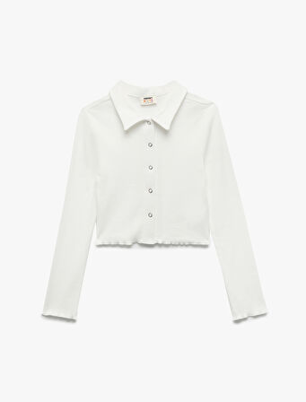 Pamuklu Uzun Kollu Gömlek Yaka Crop Tişört